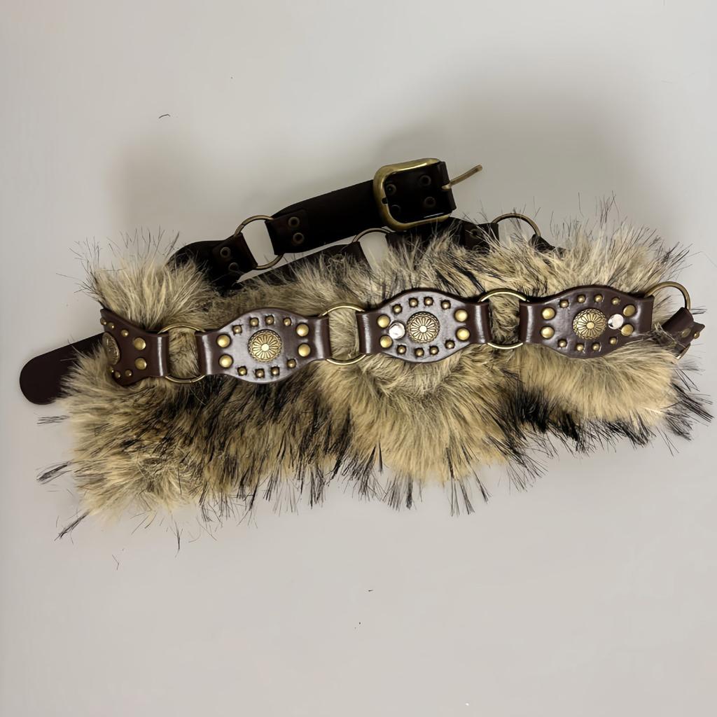 Retro Cowgirl Style Waistband Studded Faux Furry Belt Adjustable Length Waist Girdle Gothic Unisex Clothing Accessory