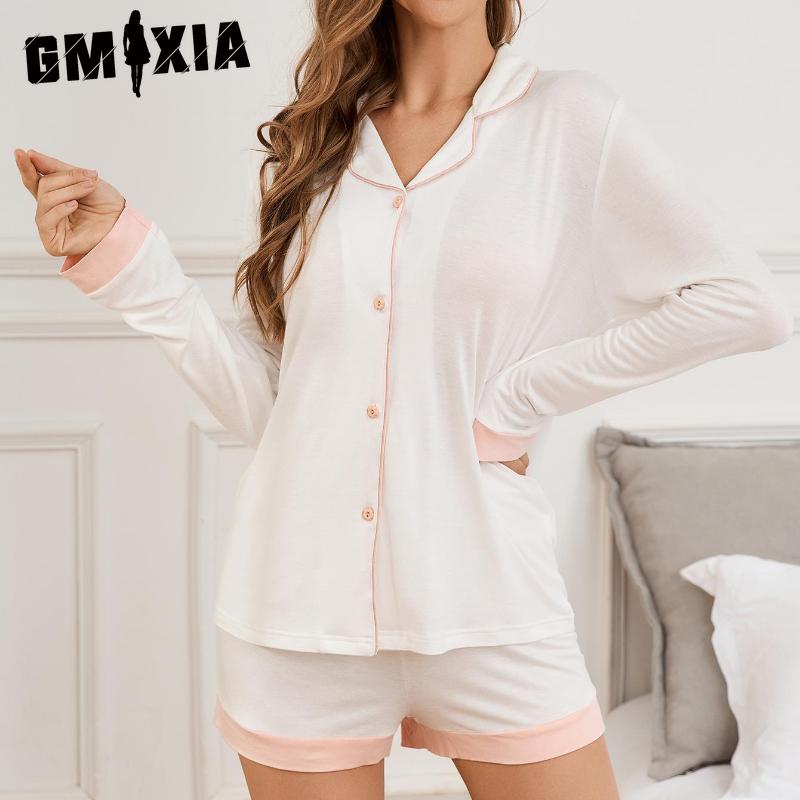 GMXIA Women's Pyjamas Summer Breathable Cardigan Long Sleeve Shorts Two-piece Homewear