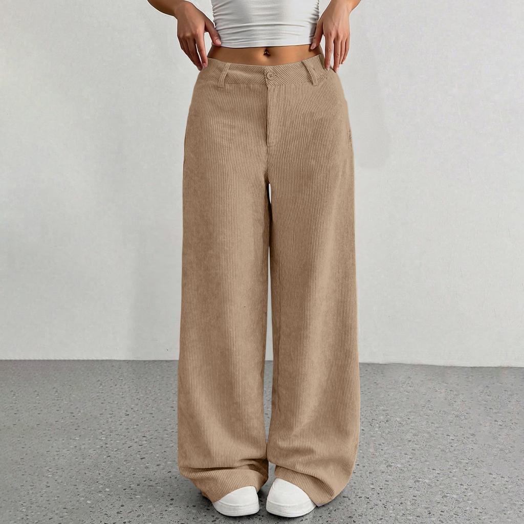 Corduroy Pants For Women Casual Elastic Waist Straight Leg Pants Loose Comfy Trousers With Pockets