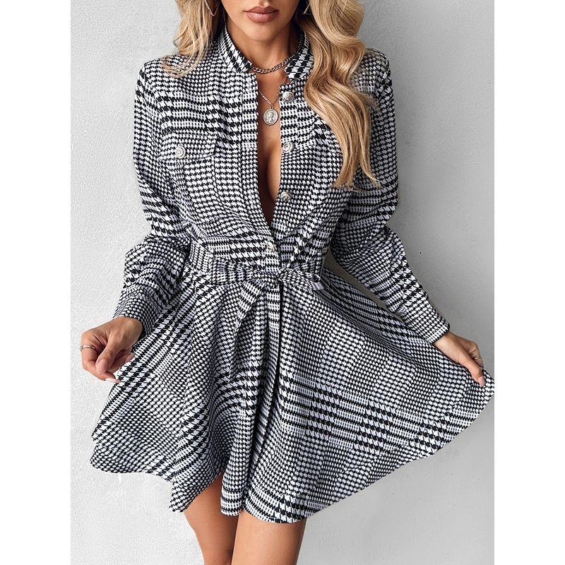 

A Line Long Sleeve Button Casual Dress European and American Plaid Button Print Dress Gray XL