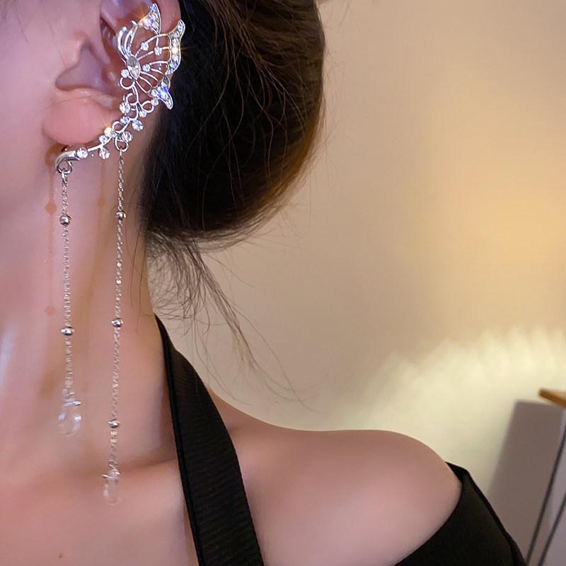Elegant Rhinestone Flower & Water Drop Tassel Earrings - High-End Fashion Ear Cuffs