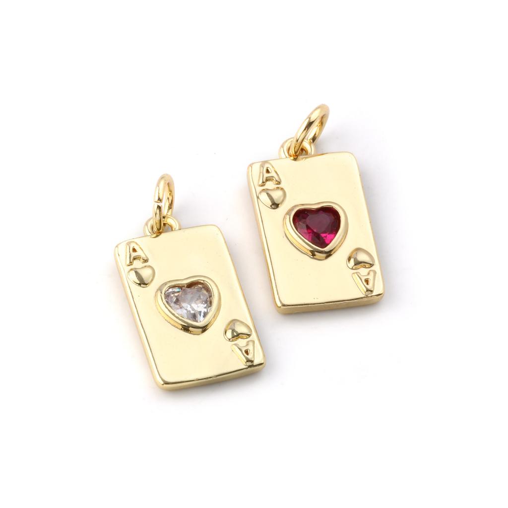 2 PCs Brass & Cubic Zirconia Poker/ Paper Card/ Game Card Charms 18K Gold Plated Poker Card Heart Pendant Necklace DIY19mm x 9mm