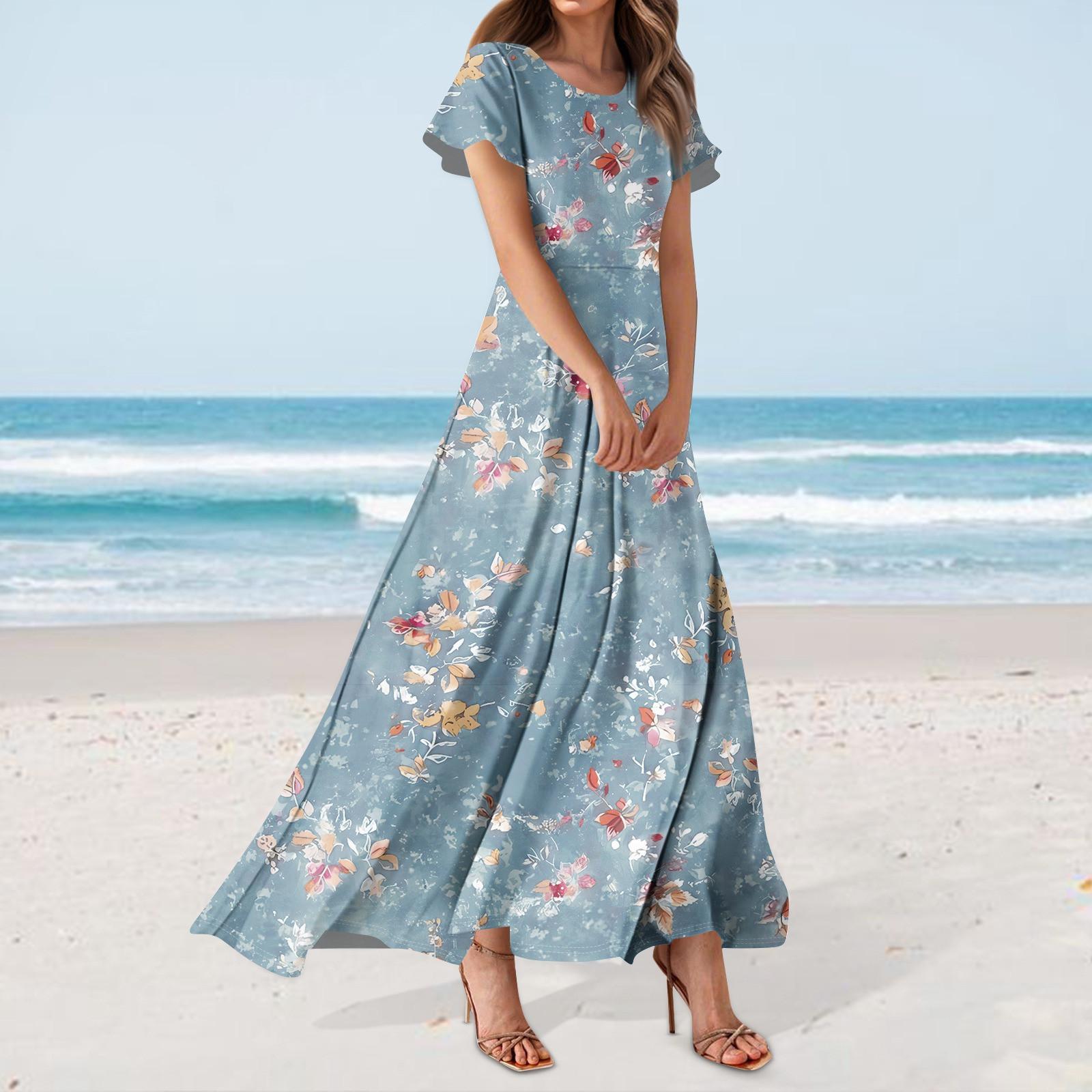 

Женское повседневное платье с гавайским принтом, круглым вырезом, короткими рукавами и высокой талией L горячий розовый