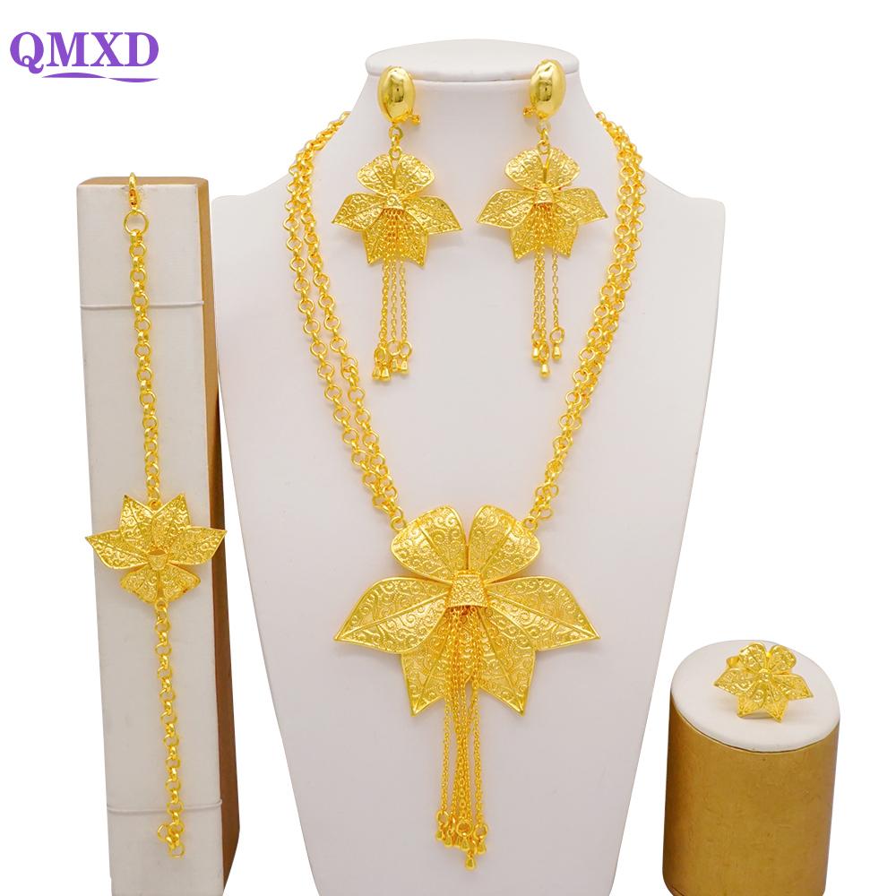 Set de bijuterii de culoare aurie din Dubai indian pentru femei Set de colier lung de mireasă, colier nigerian, bratara, cercei, seturi de inele