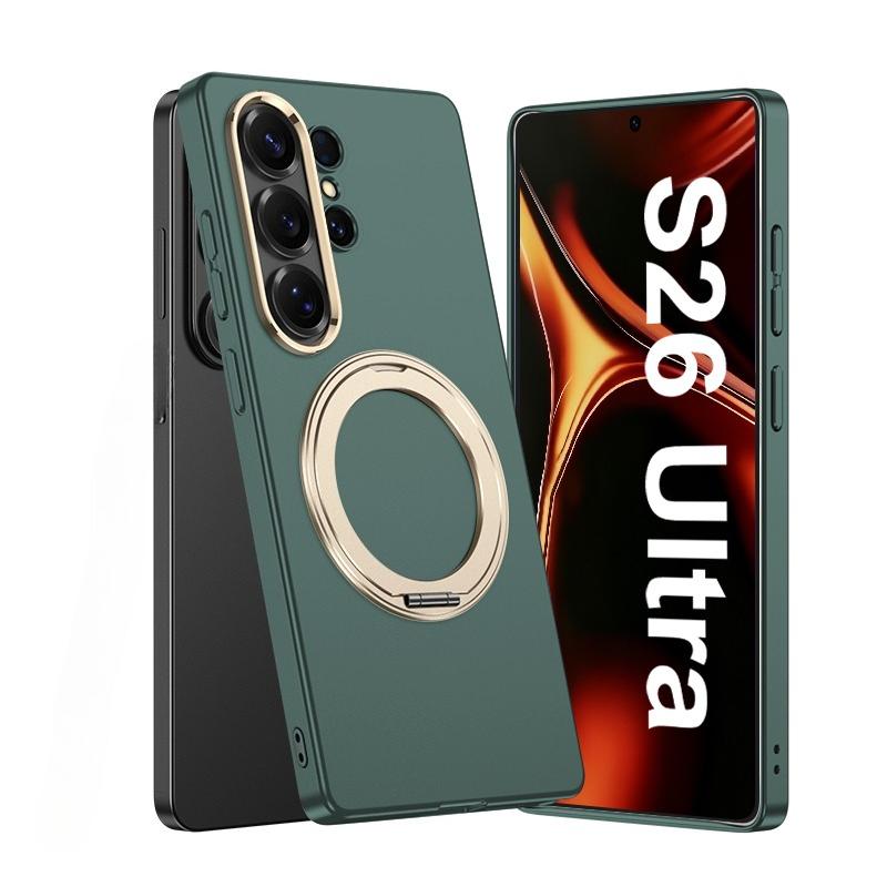 Plating Magnetic Wireless Charging Rotating Holder Phone Case for Samsung Galaxy S26 Ultra Leather Shockproof Protective Cover