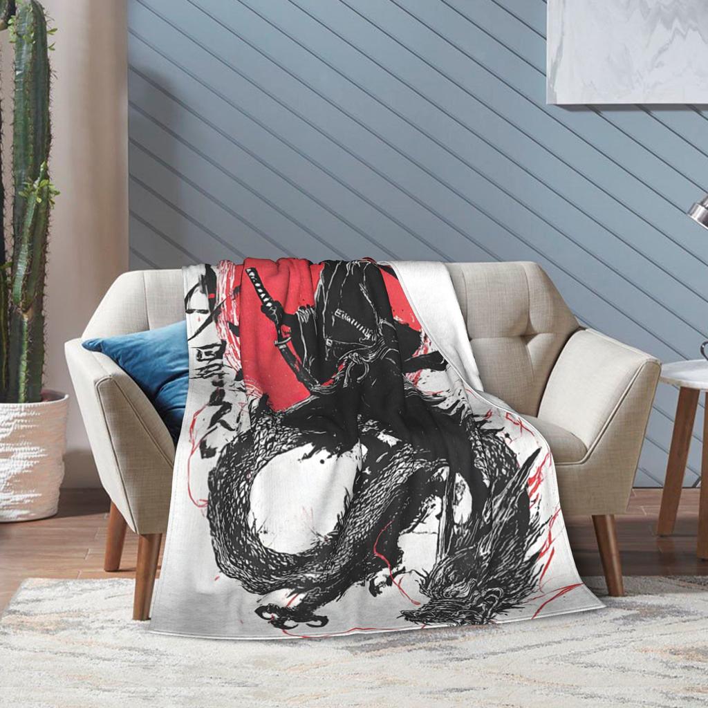 Ukiyo-e Samurai Japanese Ink Art Cat Fashion Blanket Flannel Autumn Winter Vintage Artwork Multifunction Thin Throw Fashion Blanket Bedsprea