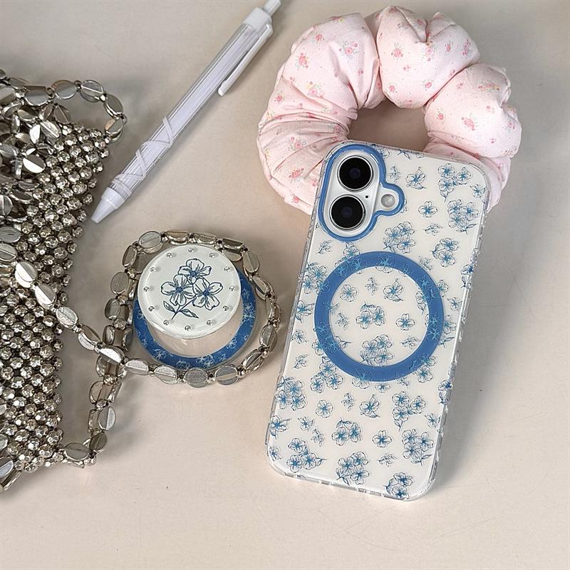 High-End Retro Blue Flower Rhinestone Magnetic Case for iPhone 14/15/16 Pro Max/17 iPhone 14