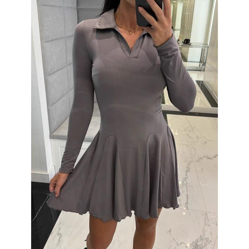 

New Spring and Autumn Women s Clothing Fashion Wind Sexy Wind Pure Color Fitted Waist Turn-down Collar High Waist Pure Desire Wind Long Sleeves Dress Gray L