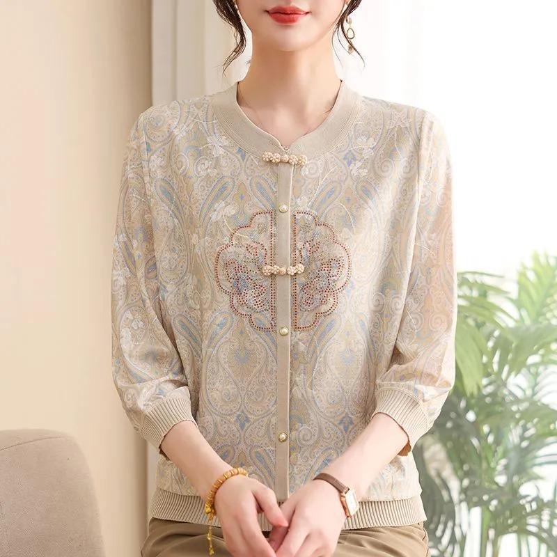 Womens Chinese Style Knit Blouse Floral Print 3/4 Sleeve Button Down Casual Top
