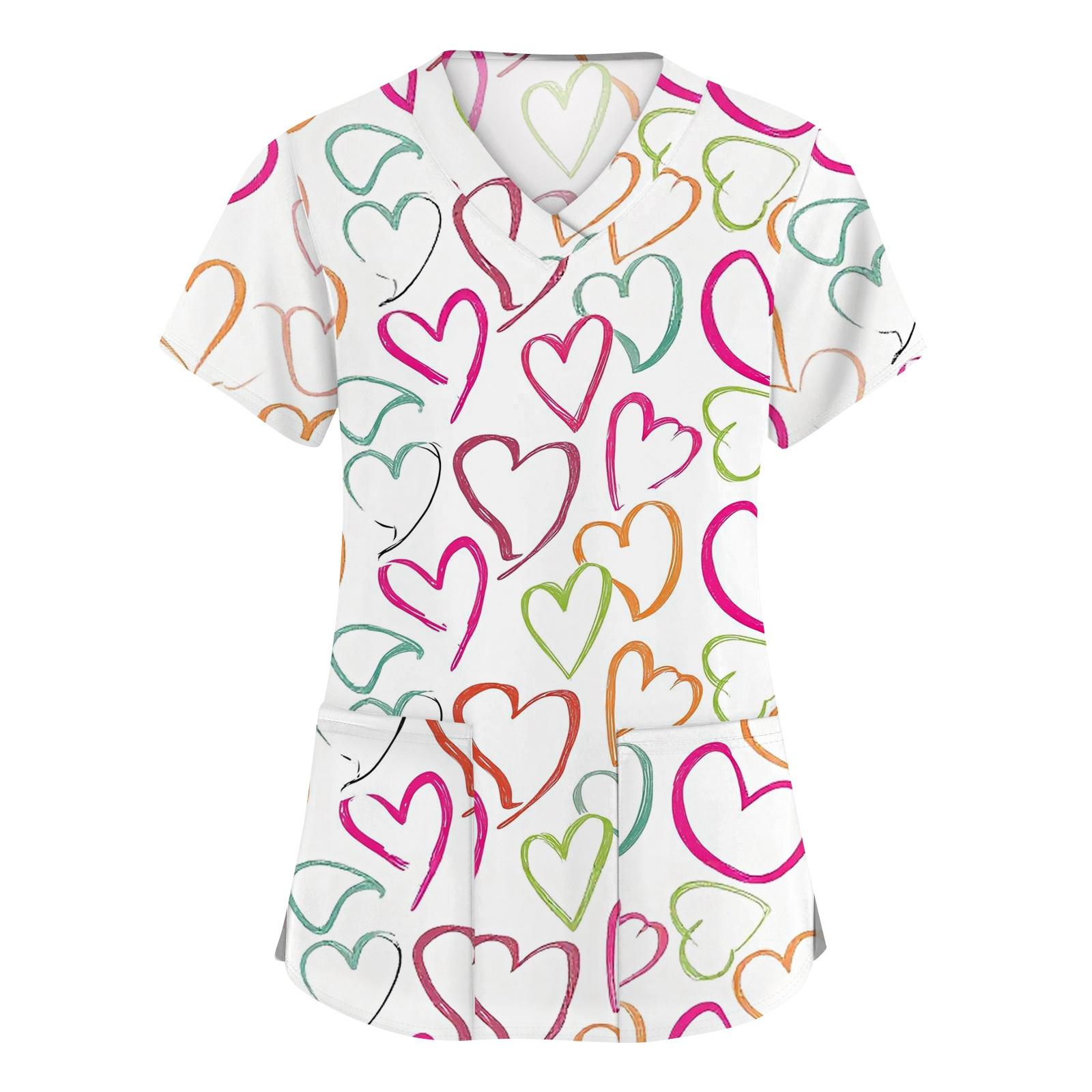 

Жіночий модний робочий одяг з V-подібним вирізом і короткими рукавами з принтованими кишенями L