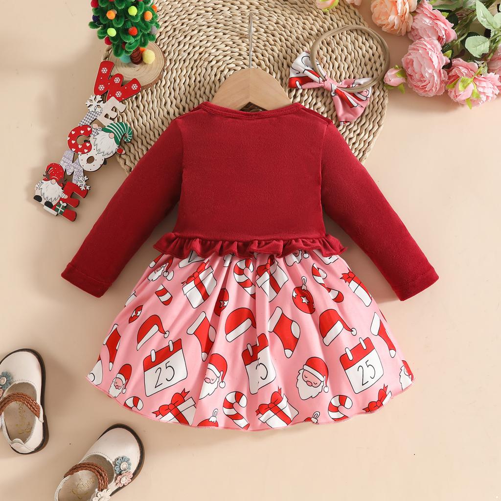 Toddler Girl Christmas Party Dress Set 3-Piece Velvet Cardigan with Headband for Holiday Photo Shoot Outfit