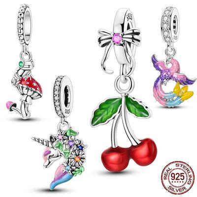 Copper Cherry Mushroom Charms Beads Unicorn Dangle Fit Original Bracelet Making Fashion Jewelry