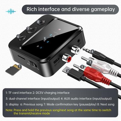 Adaptador 2 en 1 Transmisor y Receptor de Audio Bluetooth, Doble Pelo, Doble Recepción, Uno Arrastra Dos, con Reproducción de Tarjeta TF