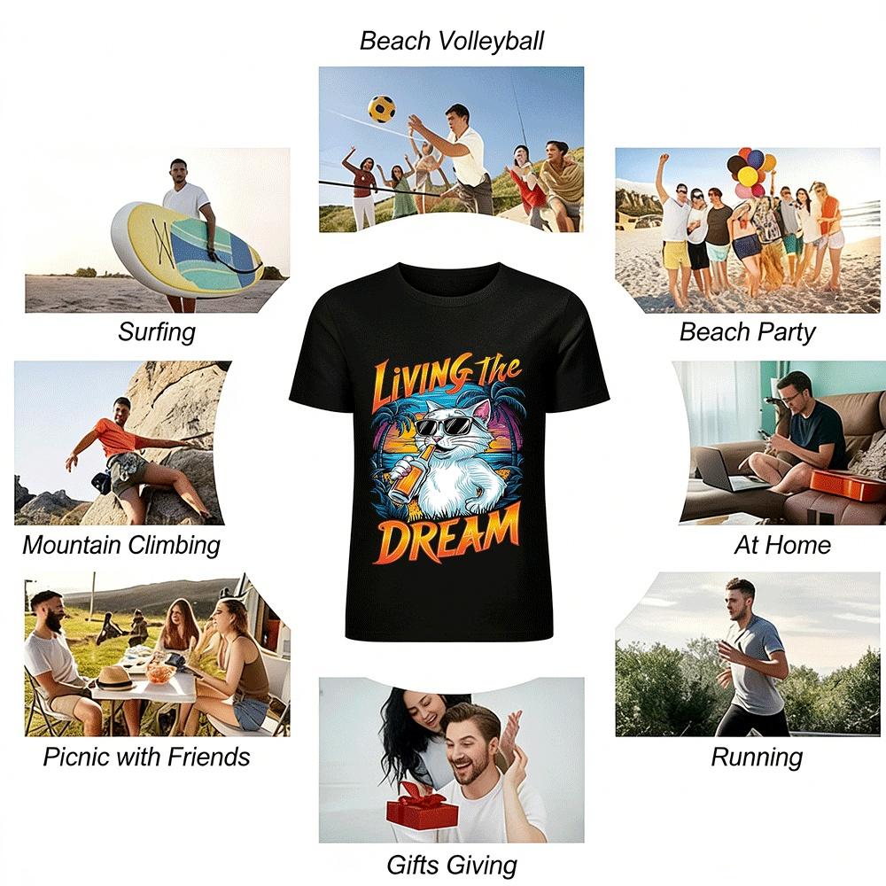 Lazy Vacation Style Sunglasses Cat Print T-Shirt Enjoy Life Pure cotton T-shirt
