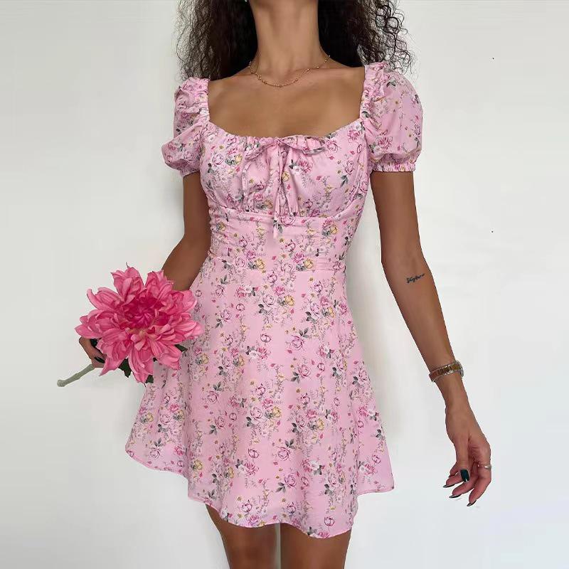 

Трендовое женское ретро цветочное платье с завышенной талией, рукавами-буфами и шнуровкой в французском стиле в наличии Small