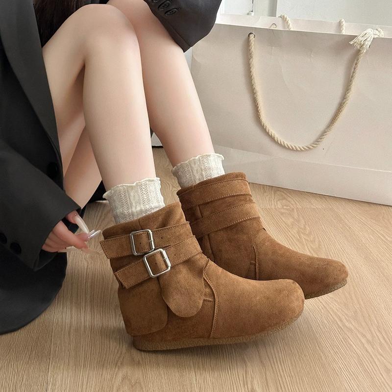 Fashion Suede Booties Autumn New Round Toe Sleeve Metal Buckle Non-Slip Wear-Resistant Flats
