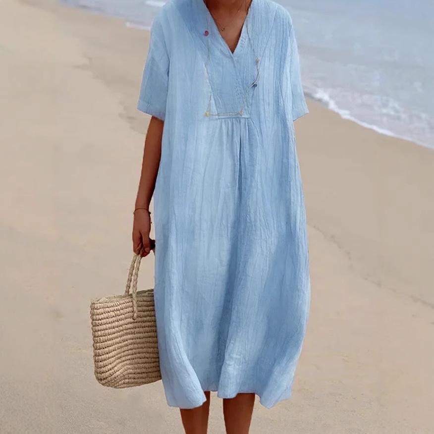 Women's 2025 Spring/Summer Casual Slimming Cotton Linen Dress - Versatile Solid Color, Hot Selling Style