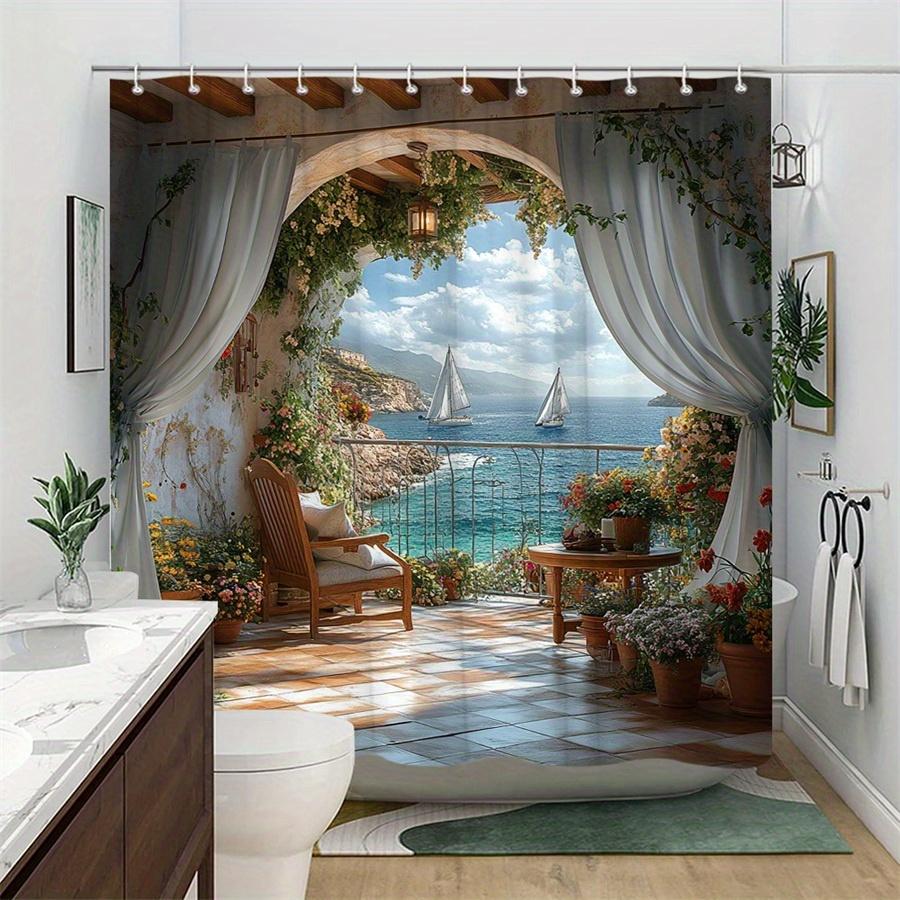 Sea View Shower Curtain Waterproof Fabric Bathroom Curta Mediterranean Balcony Ocean Sailboat Bath Screen Divider With Hooks