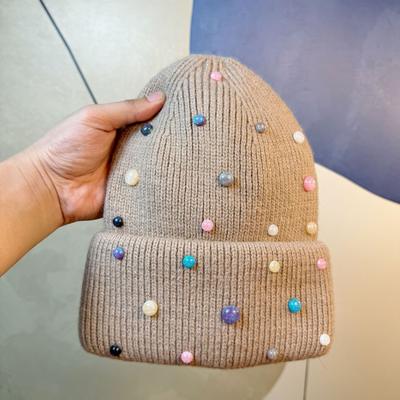 Fashionable Colorful Beads Large Head Circumference Wool Hat for Women Autumn and Winter Loose Warm Ear Protection Knitted Hat