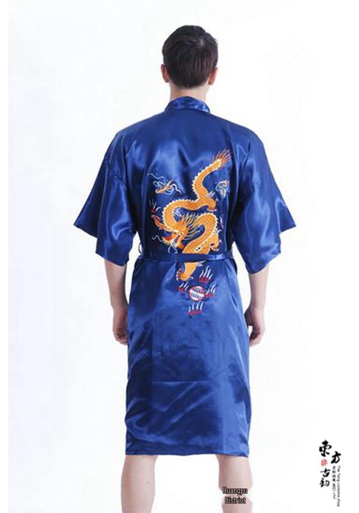 Men's Retro Long Dragon Embroidered Silk Tang Suit Pajama Robe