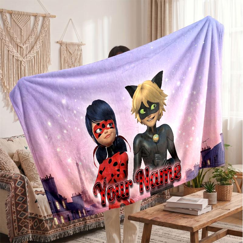 Miraculous Ladybug Personalized Flannel Blanket, Custom Printed Text Name, Warm Soft Blanket For Couch Bed