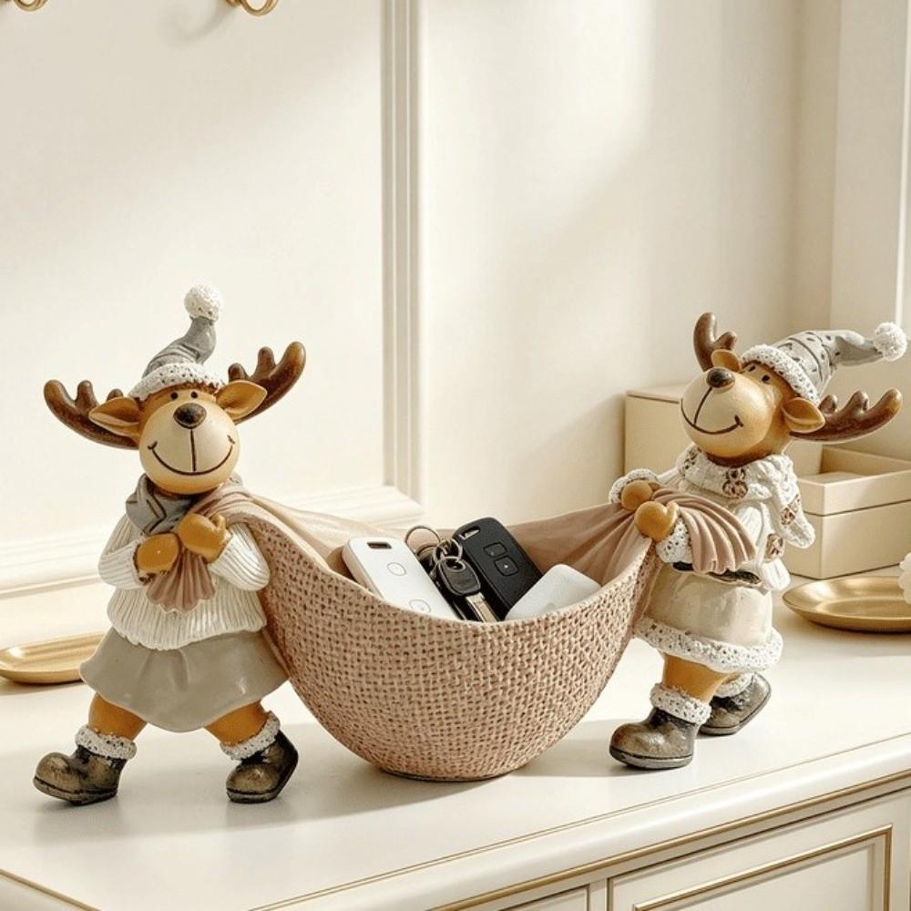 Resin Xmas Elk Decorative Bowl Cute Reindeer Ornament Jewelry Storage Tray Home Decoration