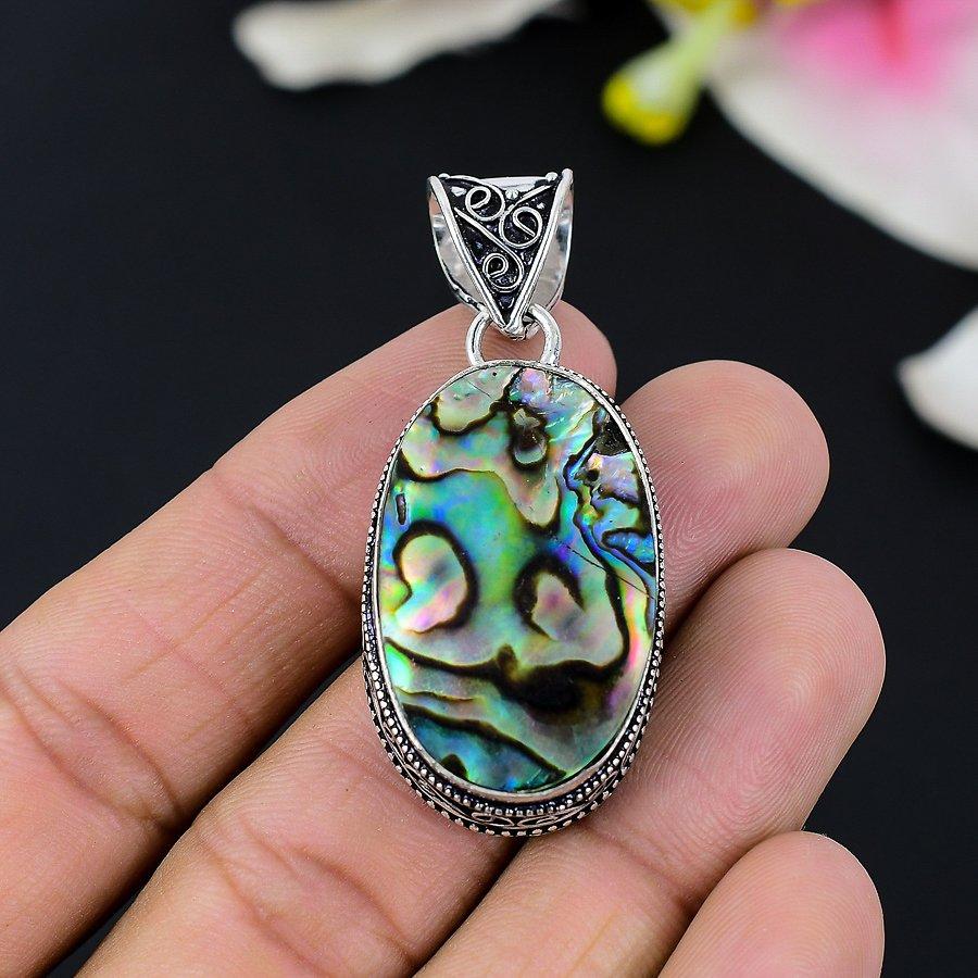 Abalone Shell Gemstone Handmade 925 Sterling Silver Jewelry Pendant 2.48" KG-121