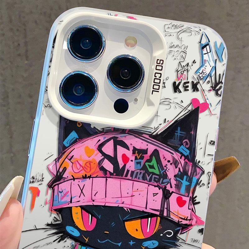 Black Cat Graffiti iPhone 17 Case - Compatible with 13/14Pro/15ProMax/16Pro, Silver Color