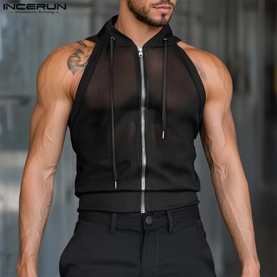 Men Summer Sleeveless Zipper Back Mesh Patchwork Fitted Hooded Tank Tops 