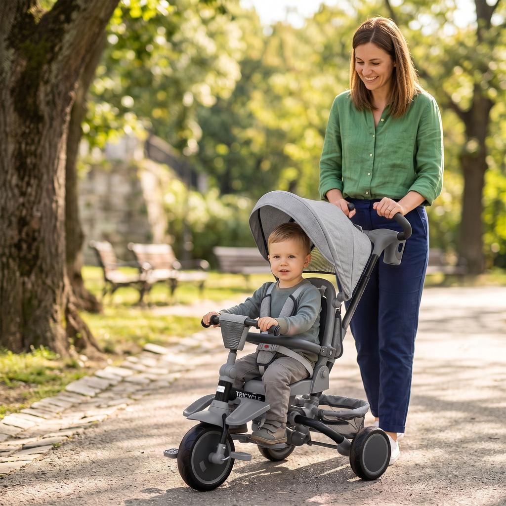 6 in 1 Foldable Kids Trike with Adjustable Parent Handle & Canopy for Ages 1-5, Grey