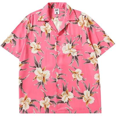 Camisa Vintage Masculina com Gola Alta, Camisa de Praia Estilo Havaiano, Top de Verão de Manga Curta, Camisa Estética Rosa Y2K