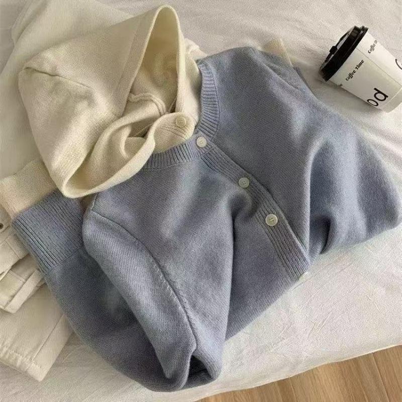 

Spring and autumn new fake two-piece color matching hooded knitted cardigan women s loose soft waxy lazy style women s top cardigan trend S/80-95 світло-сірого кольору