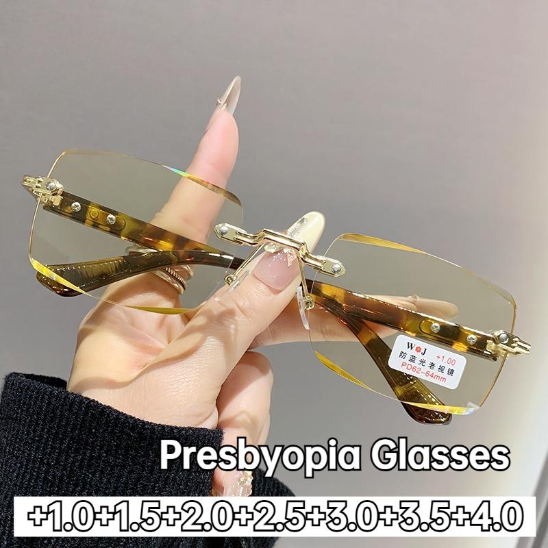 New Classic Business HD Presbyopia Glasses Luxury Anti Blue Light Rimless Reading Glasses for Women Men +1.0 To +4.0