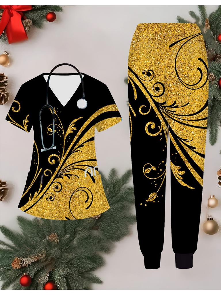 3D Printed Women's Nurse Uniform Set Short Sleeve Long Pants with Pocket Casual Fashionable Christmas Gift