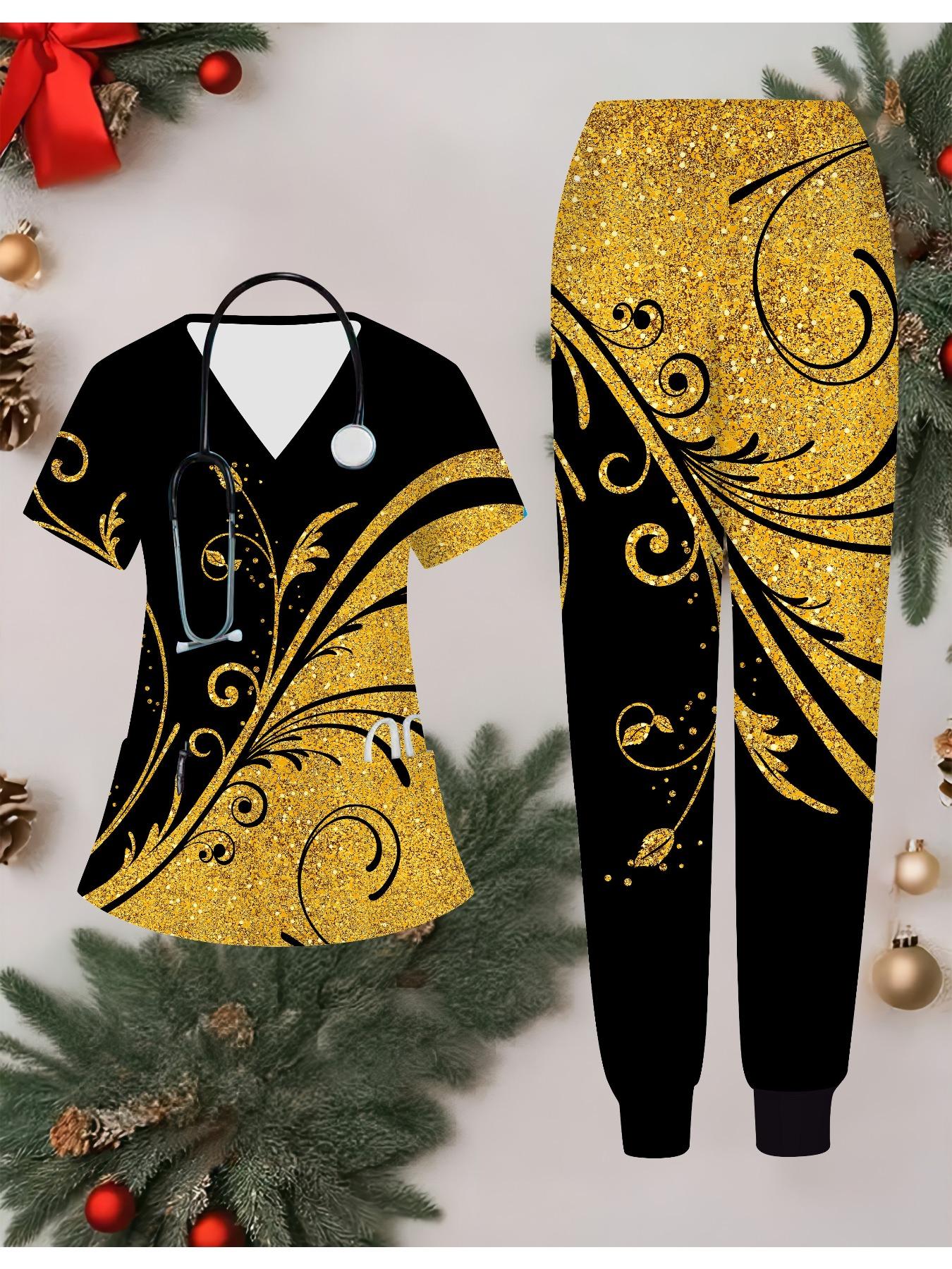 

Комплект женской формы медсестры, напечатанный на 3D-принтере, с коротким рукавом и длинными брюками с карманом, повседневный, модный, рождественский подарок L оранжевый