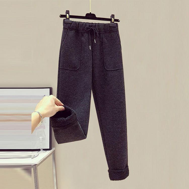 Women's Korean-Style Fleece-Lined Sweatshirt & Nine-Point Wool Pants Set