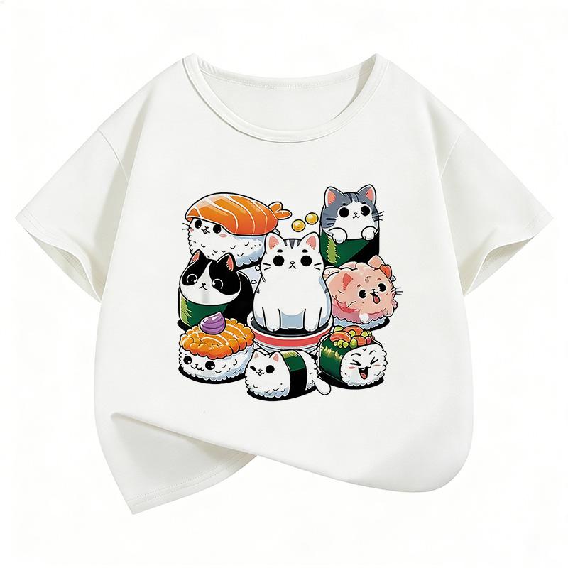 Boys and Girls Summer Cute Funny Sushi Cat Food Design Print Short-sleeve Children's T-shirt