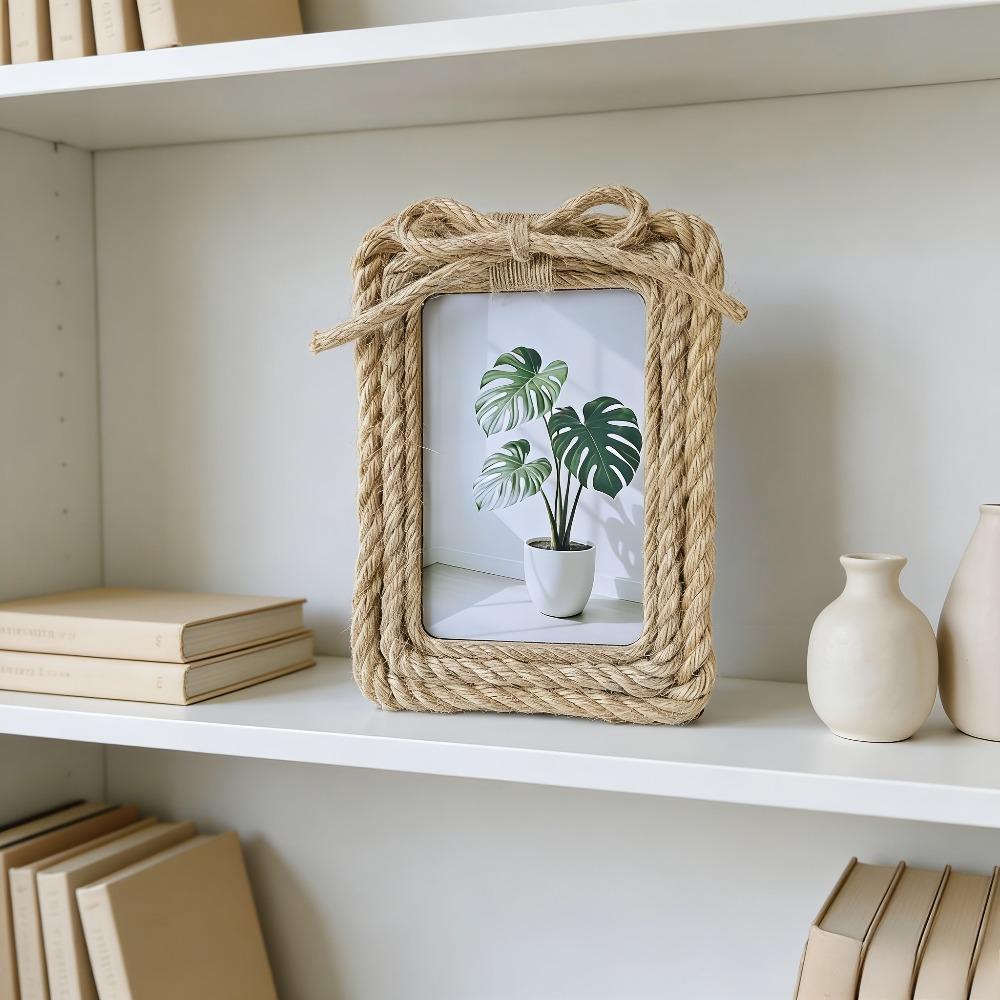 Boho 5x7 Picture Frame Natural Boho Rattan Photo Frame with Paper Rope for Wall & Tabletop Display Gift for Mom Grandma Friends
