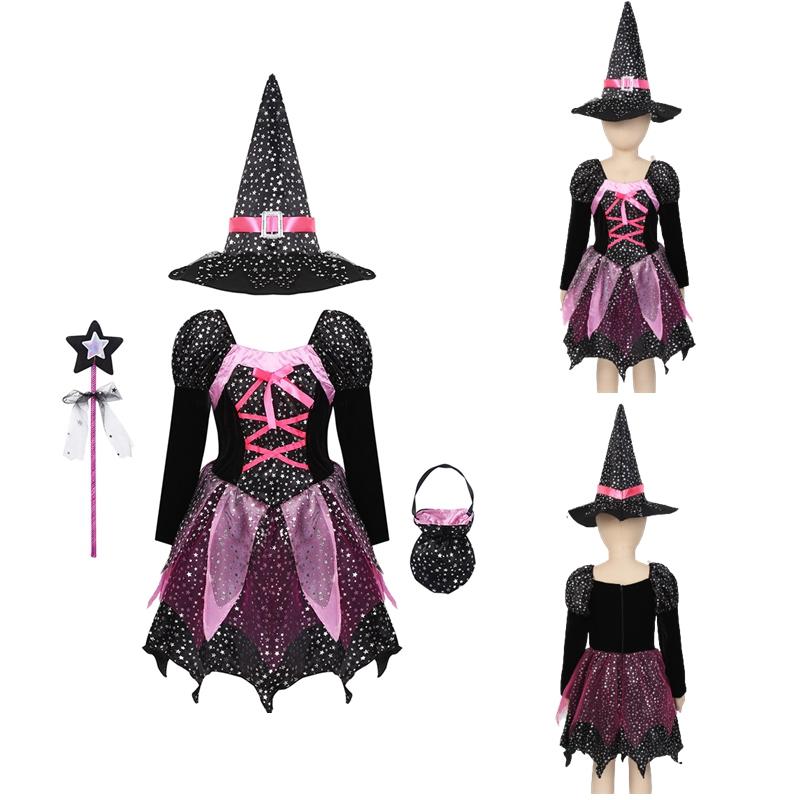 Kids Girls Halloween Witch Costume Carnival Cosplay Dress Up Long Sleeve Dress with Pointed Hat Wand Candy Bag 4Pcs Set