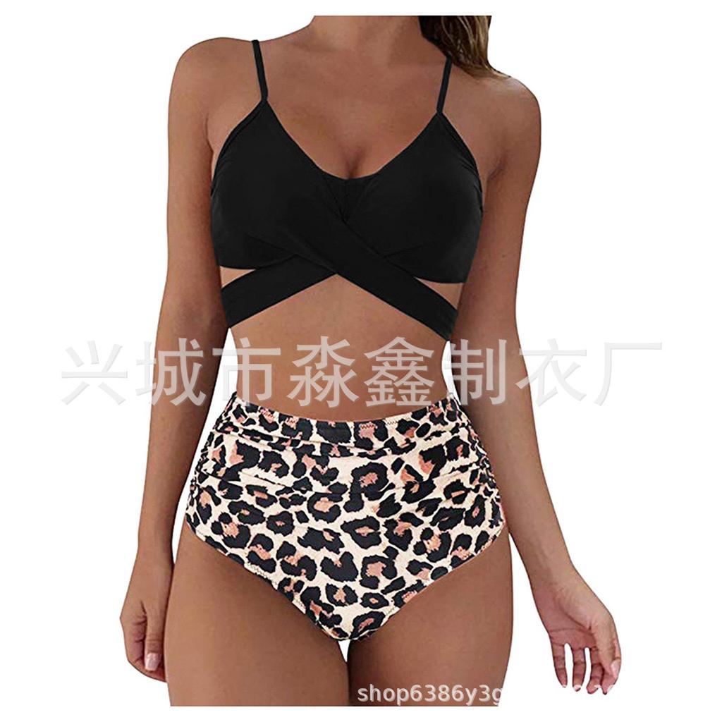 Explosive Leopard Print Cross High Waist Split Bikini, Sexy BIKINI Swimsuit for Women, Direct Supply