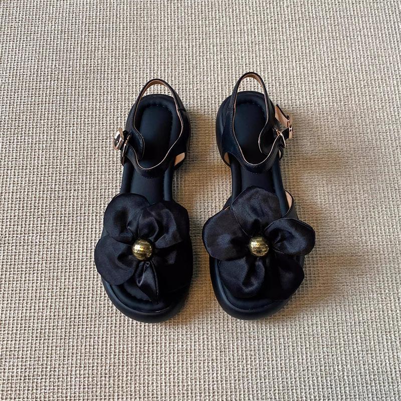 

With skirt sandals women s 2025 summer new metal flower black open-toed buckle strap thick heel Roman shoes 35 чёрный