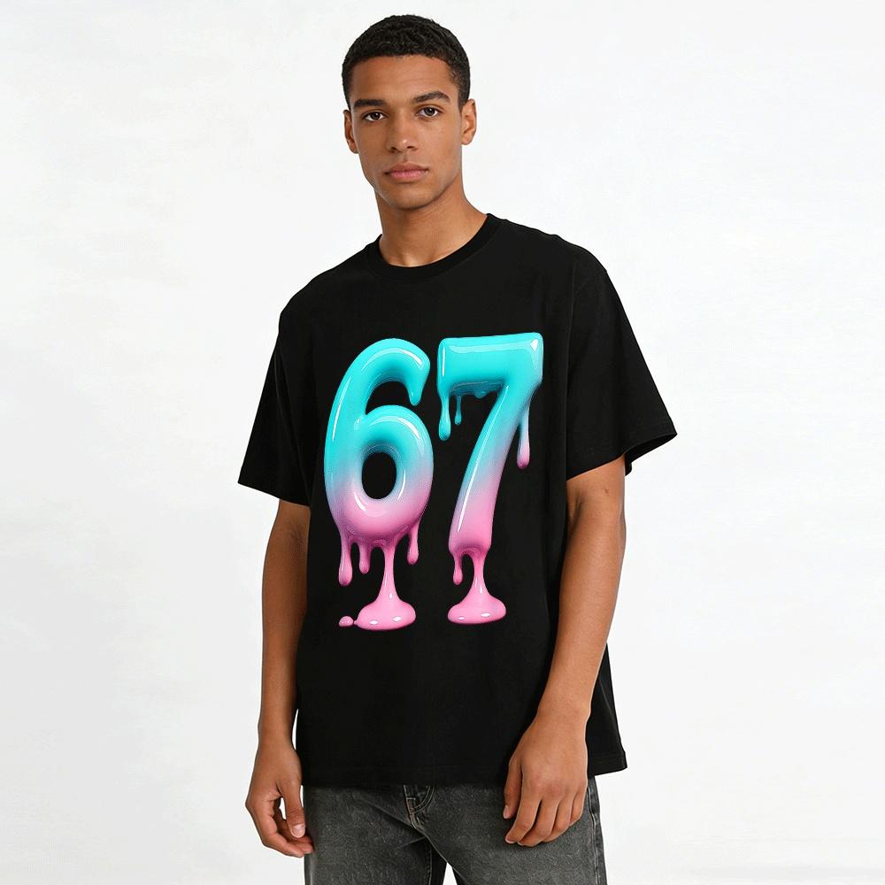 Gradient Fluid Number 67 Print Trendy Casual Short Sleeve Top Pure Cotton T-shirt