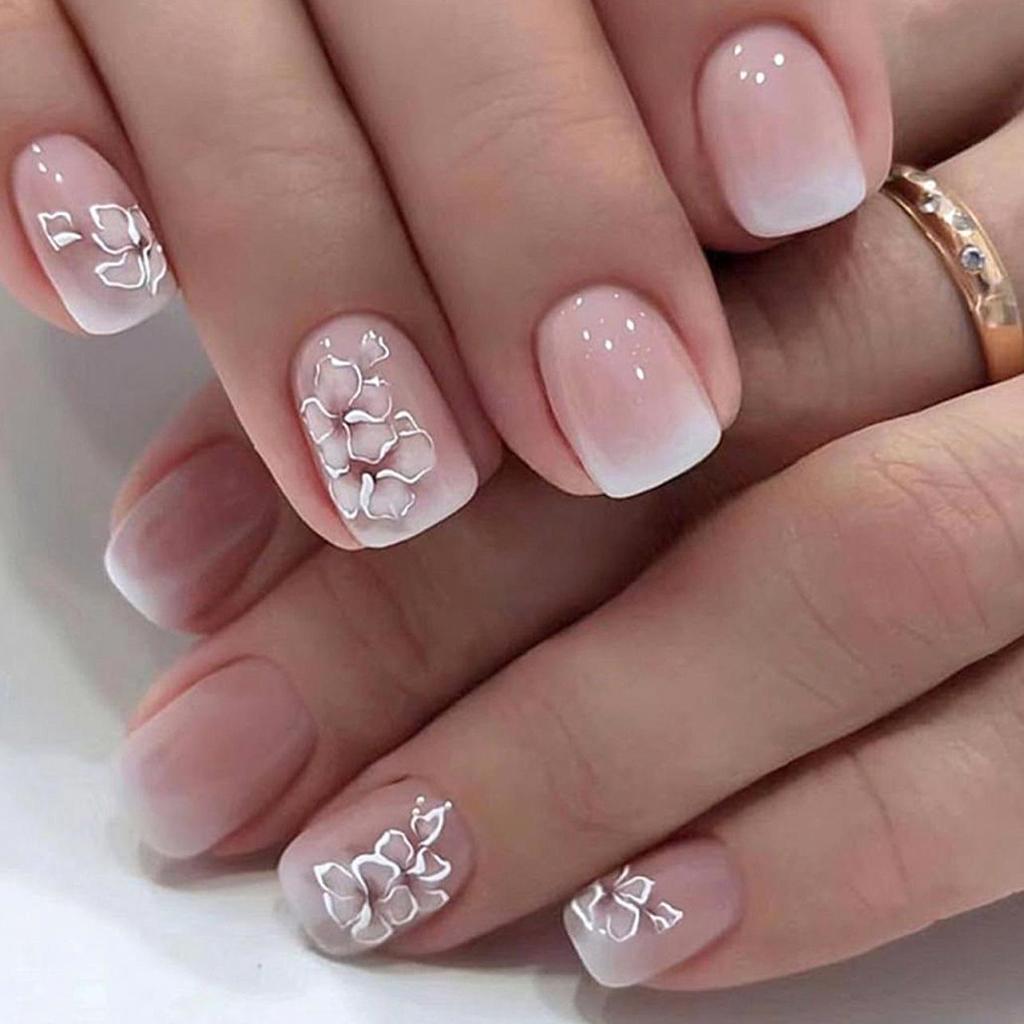 Square Press-On Nails - French Pink & White Gradient with Gentle Flower Design