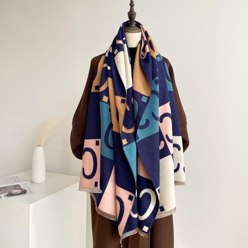 Autumn and winter double-sided contrasting letters C imitation cashmere scarf women's thickened shawl color matching versatile warm scarf
