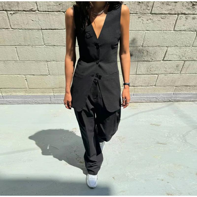 Fashion Women's Vest Top Trouser Suits Sleeveless V-Neck Straight Pants Lady Set 2025 Spring Summer Elegant 2 Pieces Set Women