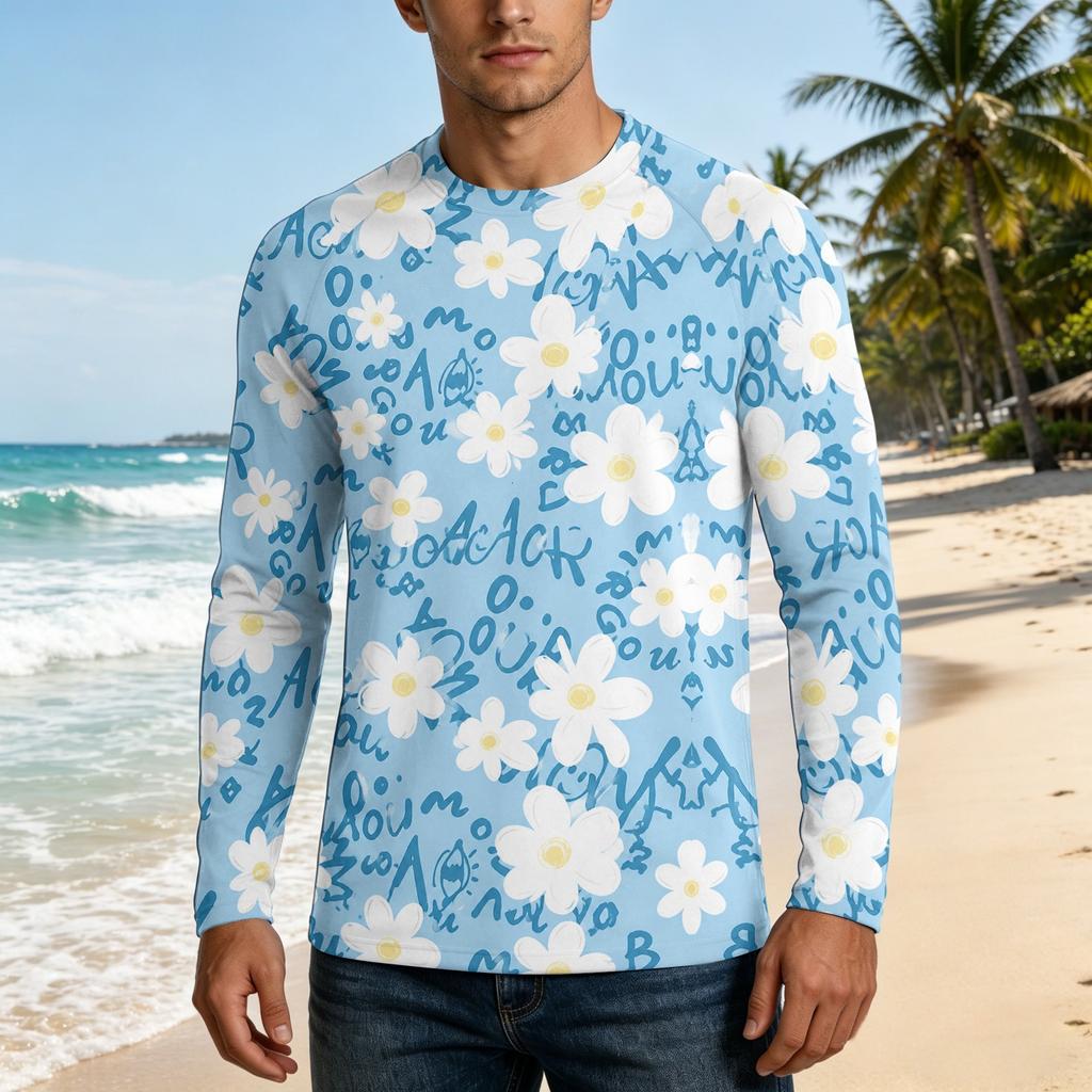 Men Long Sleeve UPF50 Plus Sun Protection Shirt UV Blocking Outdoor Sports Fishing Casual Top Floral Print Lightweight Fabric