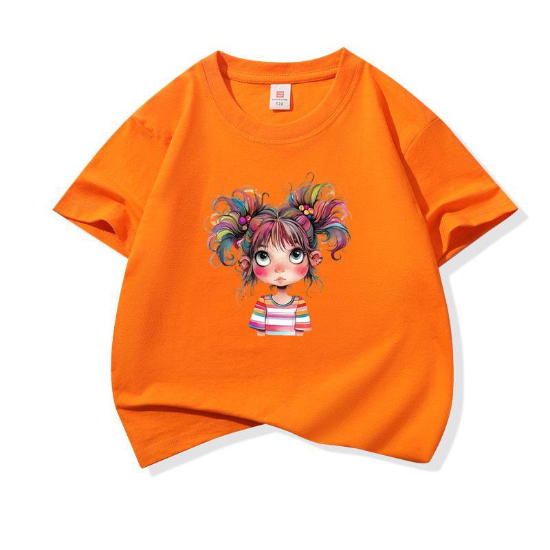 Kids Cotton T Shirt Bright Rainbow Hair Girl Watercolor Print Crew Neck Short Sleeve Tee Casual Boys Girls Summer Tops