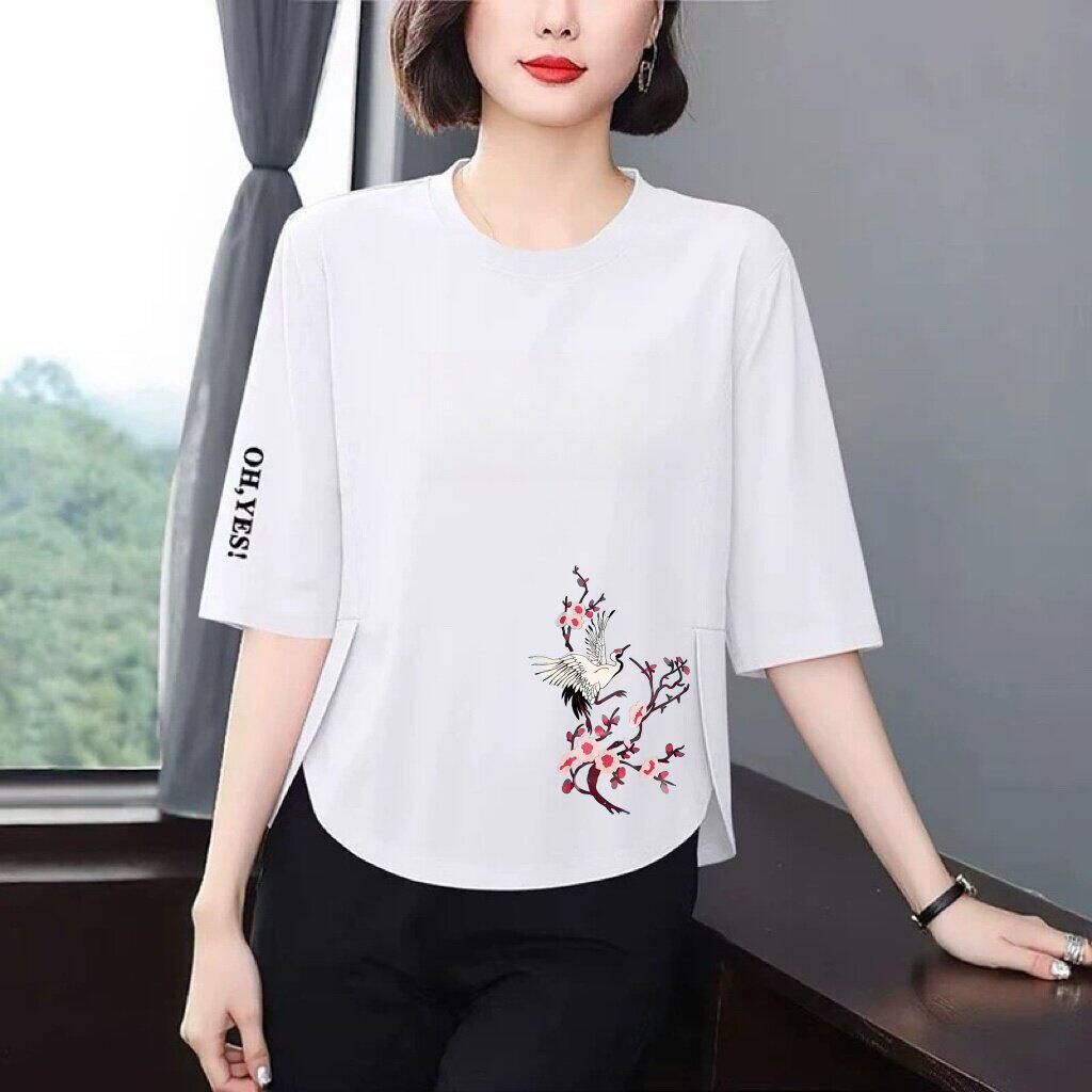 T-shirt da Donna Elegante di Alta Gamma con Maniche a 3/4 Stampate - Vestibilità Larga, Valorizza la Pancia, Anti-Età per Donne di Mezza Età e Anziane