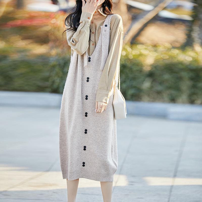 Plus Size Women's Artistic Wool Knit Strap Skirt - Autumn/Winter Versatile, Simple & Cozy Style