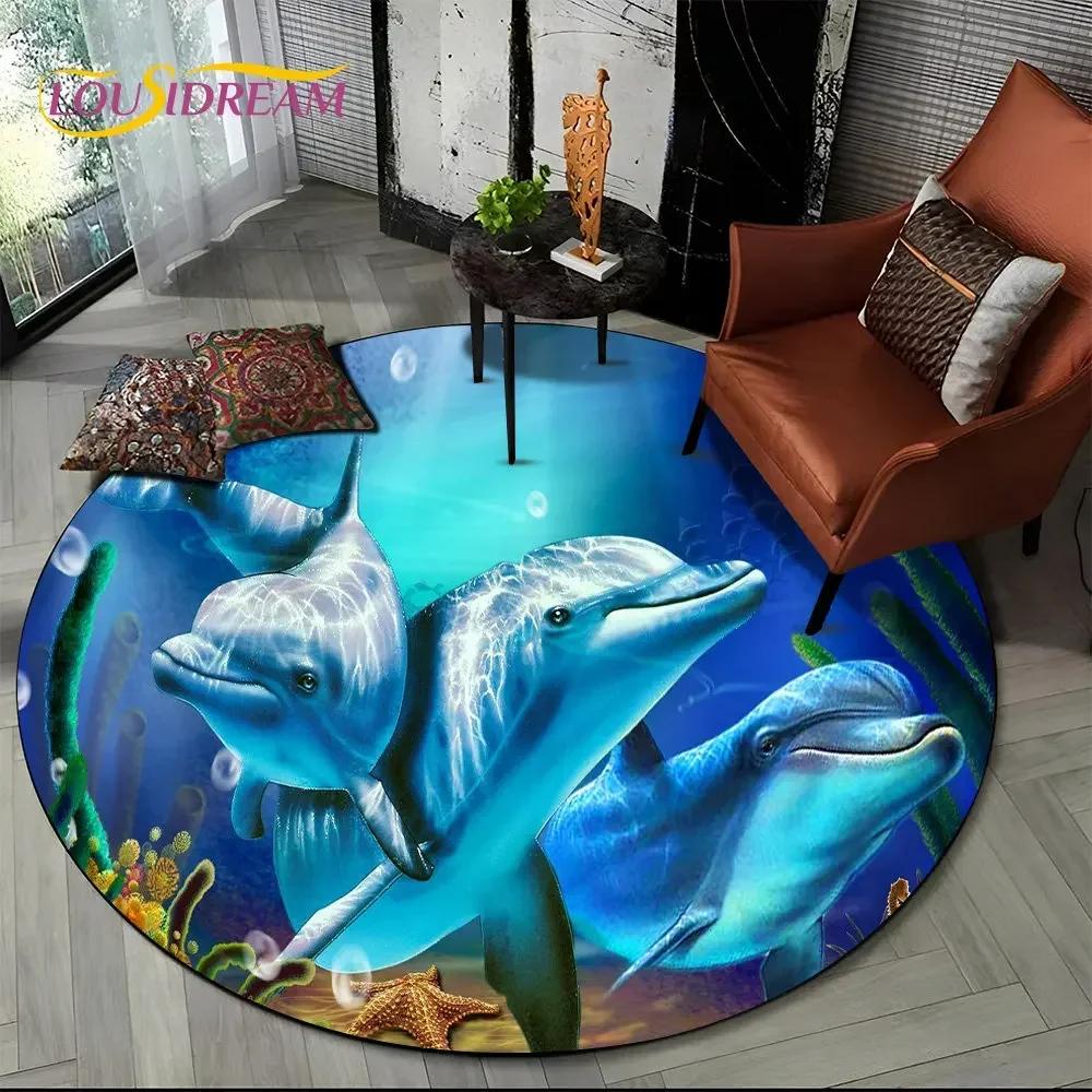 Unterwasserwelt Runder Bereichsteppich–Delfin & Schildkröte Ozean Teppich für Wohnzimmer oder Schlafzimmer–Rutschfeste Bodenmatte, Kinder Spielzimmer Deko